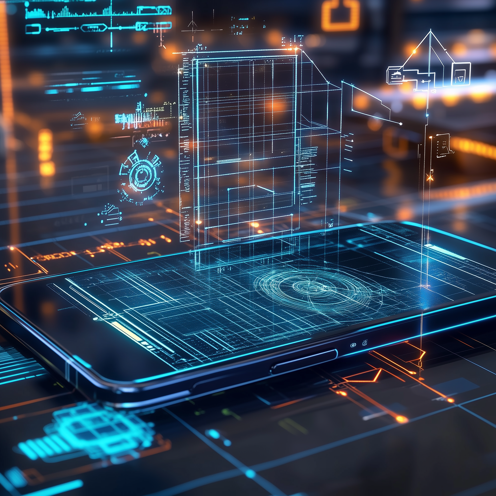 Illustration futuriste d'une application mobile utilisant l'intelligence artificielle pour compter des objets, avec une interface affichant des numéros, des lignes et des grilles de scan en réalité augmentée. Des motifs de réseau neuronal et des circuits lumineux en arrière-plan mettent en avant la technologie avancée de machine learning.
